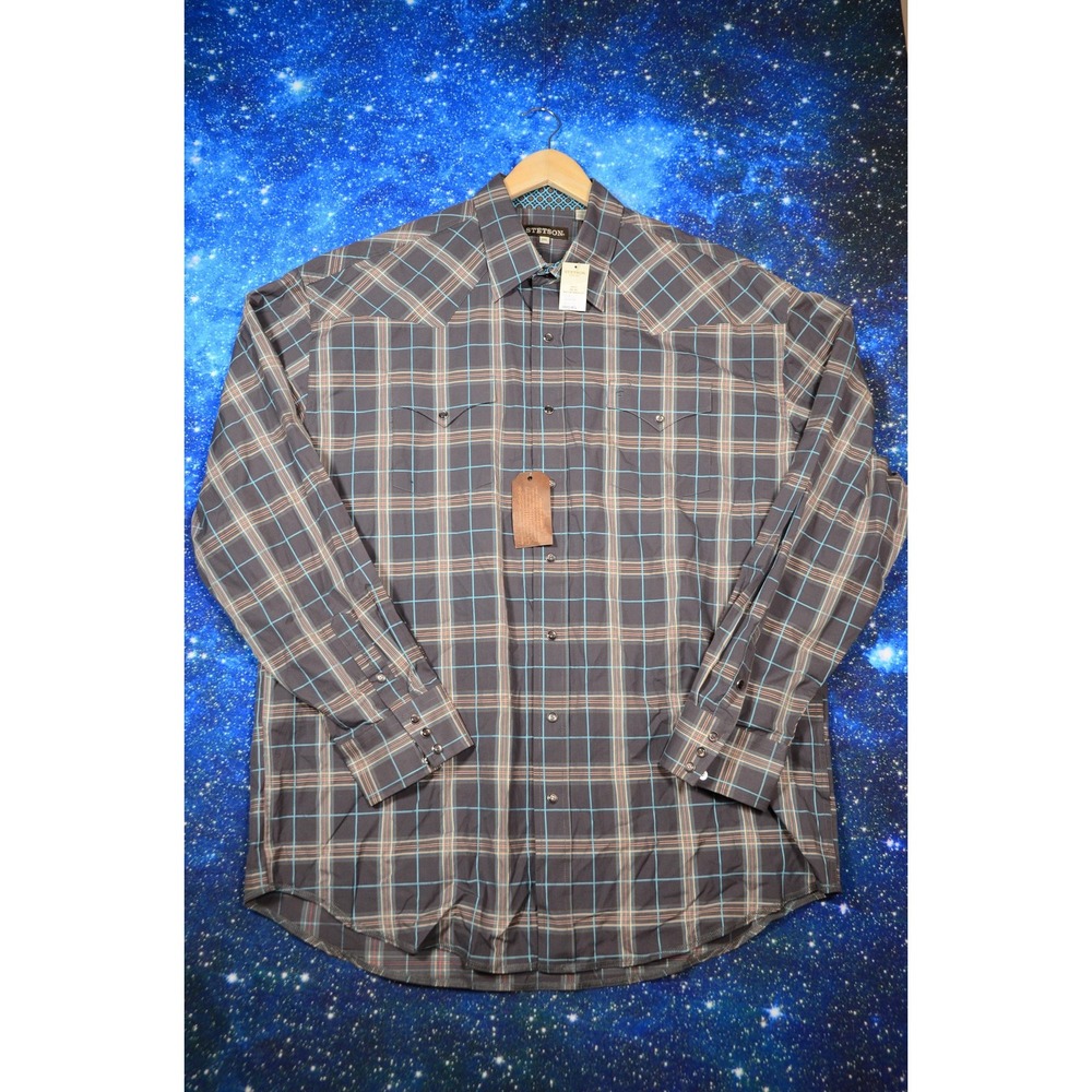 Stetson Shirt Mens 2XL Gray Plaid Western Snap Front Long Sleeve Cotton Casual